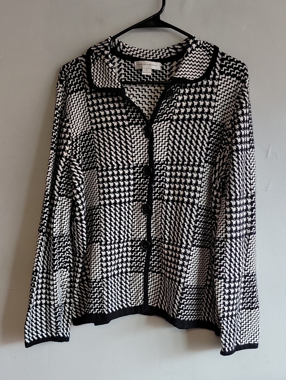 Women's XL black / white houndstooth plaid button up cardigan Christopher &Banks